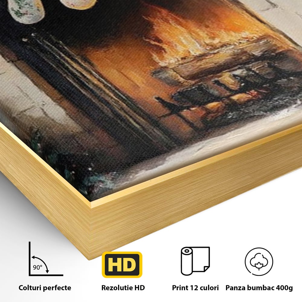 Detaliu al suprafetei: tablou canvas cu semineu si ciorapi de craciun, in rama de aluminiu auriu